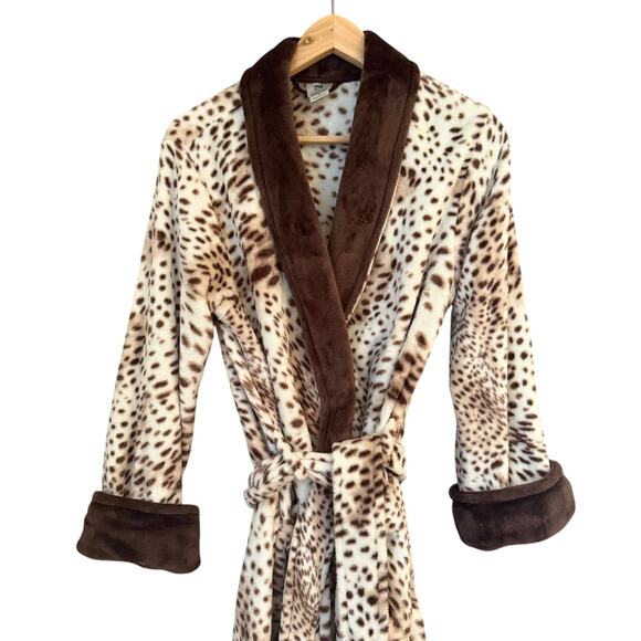 Natori Plush Animal Print Plush Long Fleece Robe Brown Leopard Women's Sz. Small - Picture 1 of 9